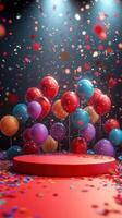 Colorful celebration with balloons and confetti on a festive stage during a joyful event photo