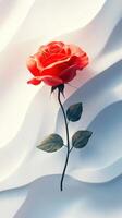 Elegant red rose on soft white fabric creating a serene and romantic atmosphere in a minimalist setting photo