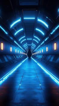 Futuristic corridor with glowing blue lights and dark exit at the end creating a sci-fi atmosphere photo