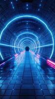 Illuminated tunnel with vibrant blue and pink neon lights at night photo