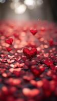 Bright red hearts scattered on a shimmering surface create a romantic atmosphere in a dreamy setting photo