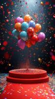 Colorful balloons surrounded by confetti create a festive atmosphere on a red carpet at a celebration photo