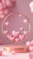 Decorative arrangement of pink hearts in a circular frame set against a soft pink background during a festive celebration photo