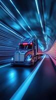 Truck navigating through a futuristic illuminated tunnel at night with vibrant blue and pink lights creating dynamic motion photo