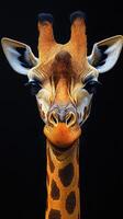 Giraffe with striking features and bright patterns against a dark background photo