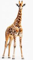Giraffe standing tall with distinctive patterns in a bright, neutral background during the day photo