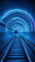 Bright blue illuminated tunnel showcasing railway tracks in a modern urban setting photo