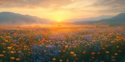 Vibrant wildflower meadow at sunrise with colorful blooms and distant mountains under golden light photo