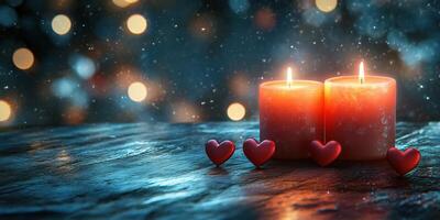 Candles glow warmly with red hearts on a rustic wooden table, creating a romantic atmosphere during a winter evening photo