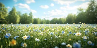 Colorful wildflower field under a bright blue sky with fluffy clouds on a sunny day in a serene natural setting photo