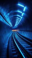 Underground railway tunnel illuminated by blue lights with tracks curving ahead in a dynamic urban setting photo