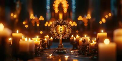 Candlelit altar with intricate heart-shaped decor and glowing candles during a serene evening ceremony photo
