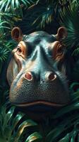 Hippopotamus resting among lush tropical vegetation during bright daylight in a serene natural habitat photo