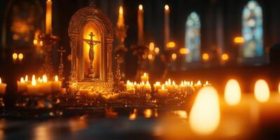Candles illuminate a serene altar with a golden cross in a dimly lit chapel during evening prayers photo