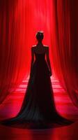 Elegant silhouette of a woman in a flowing black gown against a dramatic red backdrop during a fashion event photo