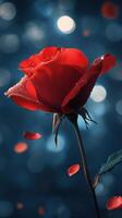 Close-up of a vibrant red rose with drops of water and falling petals against a blurred blue background photo