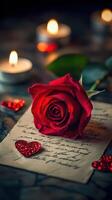 Romantic setting with a red rose on handwritten letter and glowing candles during a cozy evening photo