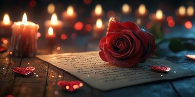 Romantic setting with a red rose and candles creating a cozy atmosphere for heartfelt expressions photo