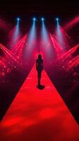 Model walks down illuminated runway at fashion show with vibrant lights and dramatic shadows photo