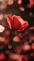 Beautiful red rose illuminated by soft light with glimmering bokeh in the background during an evening setting photo