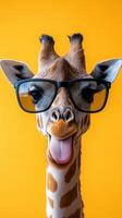 Giraffe wearing glasses against a bright yellow background displaying a playful expression photo