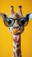 Giraffe wearing glasses poses against a vibrant yellow background in a playful display of personality photo