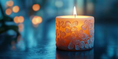 Soft candlelight illuminates a beautifully designed candle creating a cozy atmosphere photo