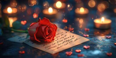 Romantic evening setting with a red rose and heartfelt letter surrounded by glowing candles and scattered hearts photo