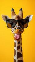 Giraffe wearing sunglasses and sticking its tongue out against a bright yellow background photo