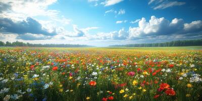 Vibrant wildflower meadow with a blue sky and clouds during the day in late spring photo