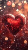 Heart-shaped decoration surrounded by droplets and bokeh lights captures romantic essence in elegant setting photo