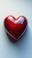 Bright red heart shaped object with a shiny surface and textured edges creates a striking focal point in a minimalist setting photo