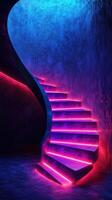 Colorful spiral staircase illuminated with vibrant neon lights in a modern interior photo