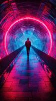 Bright neon tunnel with a silhouette walking through vibrant colors in an urban setting at night photo