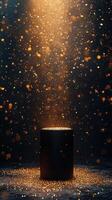 Glowing particles ascend from a cylindrical base in a dark atmosphere, creating a magical effect photo