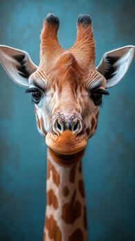Giraffe gazes with curiosity against a vibrant blue backdrop in a close-up encounter photo