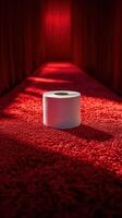 Unique art installation featuring a roll of paper towels on a vibrant carpet under dramatic lighting in a gallery space photo