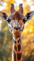 Giraffe stands majestically among vibrant autumn foliage in a tranquil setting photo