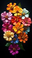 Colorful arrangement of zinnia flowers showcasing vibrant hues and intricate details in a dark background photo