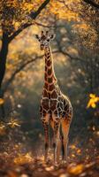 Majestic giraffe standing tall amidst golden foliage in a tranquil forest setting during autumn photo