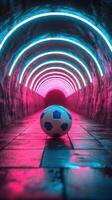 Glowing tunnel with a soccer ball at the center creating a vibrant atmosphere photo