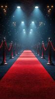 Red carpet path lined with stanchions and soft lighting in an elegant setting at night photo