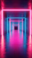 Neon tunnel with pink and blue lights creating a futuristic ambiance in a dark corridor photo