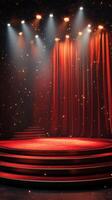 Spotlight illuminates an elegant stage with red curtains and twinkling lights in a dramatic performance space photo