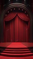 Red velvet stage curtains with spotlight in a theater setting ready for a performance at night photo
