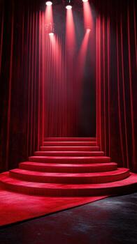 Stunning red carpet stage with dramatic lighting in an intimate theater setting photo
