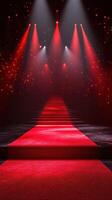 Bright red carpet leading to a stage illuminated by vibrant lights in a dark setting photo