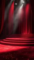 Stunning red velvet stage with illuminated curtains and spotlight effect at an evening gala event photo