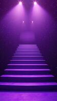 Stairs illuminated by purple lights leading to a starry backdrop in an evening ambiance photo