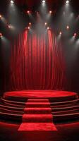 Elegant red stage setup with velvet curtains and spotlight illumination for performance or event photo